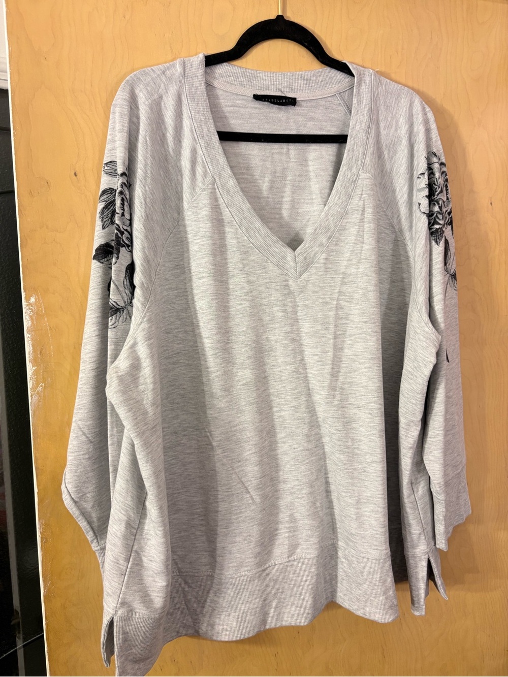 Jane and Delancey Light Gray V-Neck Sweatshirt with Black Floral Sleeve Detail